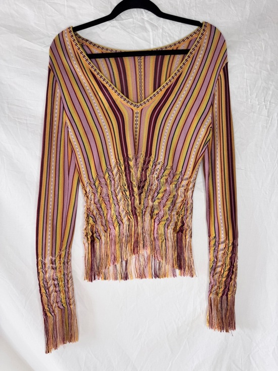 Dior Tops - Christian Dior by John Galliano Vintage Striped Fringe V-Neck Long Sleeve Top